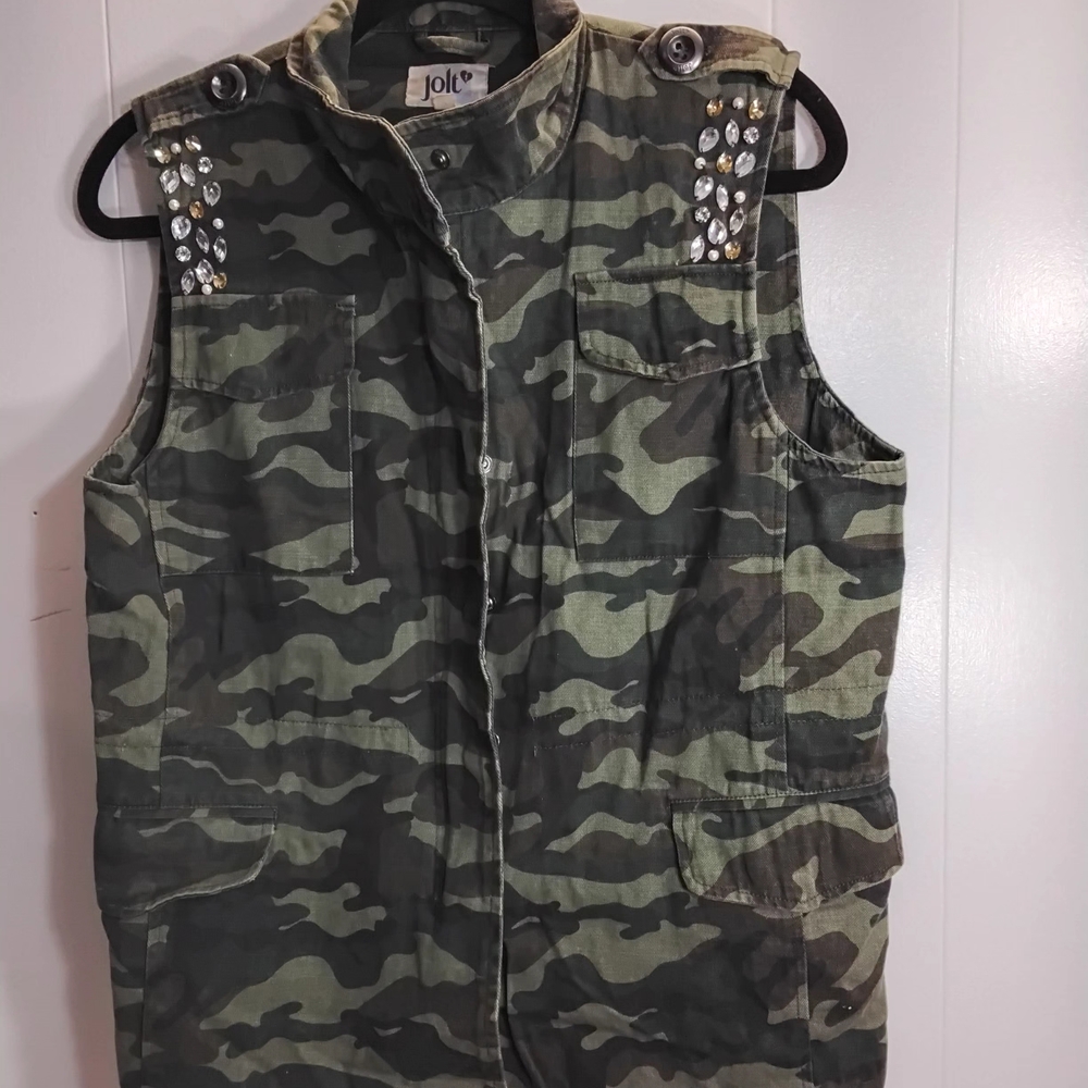 Camouflage Sleeveless Vest with Rhinestone Accents